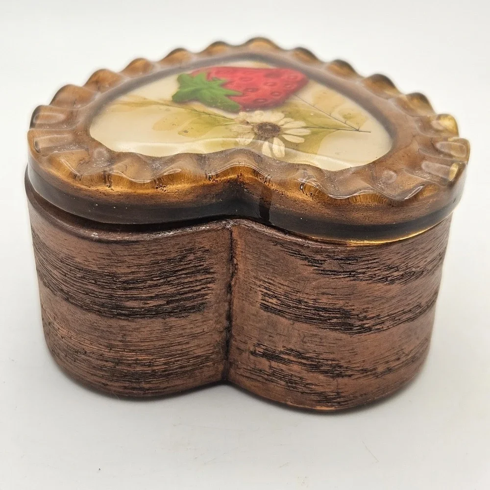 VTG Handmade Heart Shaped Wooden Trinket Box Strawberry Resin Lid Cottagecore